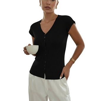 Women's Ribbed Knit Button Front Short Sleeve Tops, Slim Fit Casual Summer T-Shirts