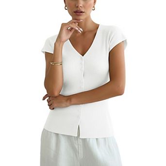 Women's Ribbed Knit Button Front Short Sleeve Tops, Slim Fit Casual Summer T-Shirts