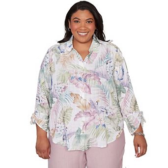 Plus Size Alfred Dunner Tropical Button Front Tie Sleeve Top