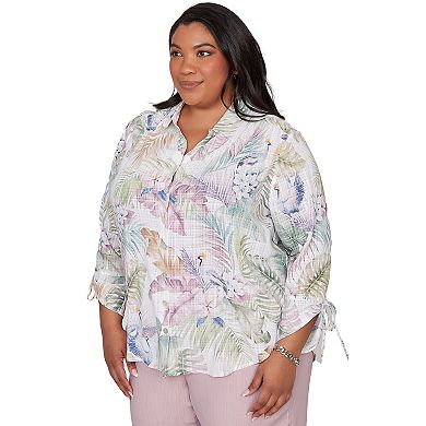 Plus Size Alfred Dunner Tropical Button Front Tie Sleeve Top