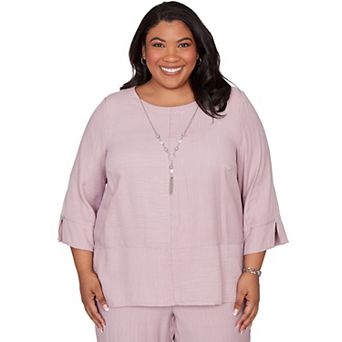 Plus Size Alfred Dunner Textured Spliced Rose Top with Necklace
