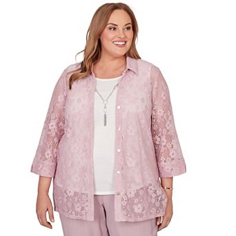 Plus Size Alfred Dunner Floral Lace Two in One Top with Necklace