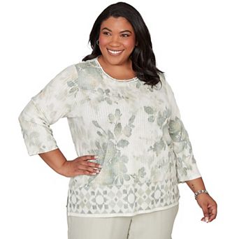Plus Size Alfred Dunner Floral Tonal Border Embellished Neck Top