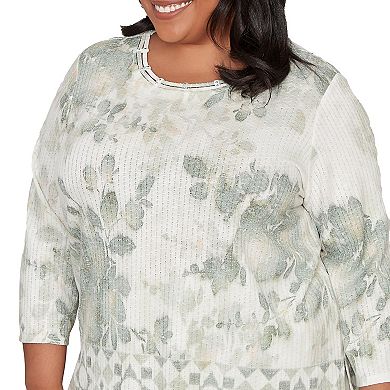Plus Size Alfred Dunner Floral Tonal Border Embellished Neck Top