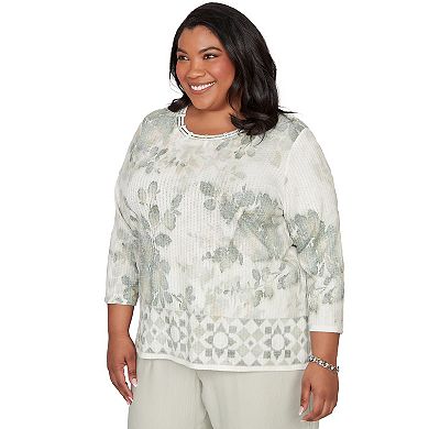 Plus Size Alfred Dunner Floral Tonal Border Embellished Neck Top