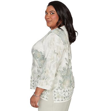 Plus Size Alfred Dunner Floral Tonal Border Embellished Neck Top
