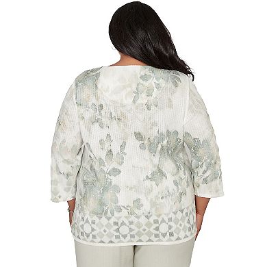 Plus Size Alfred Dunner Floral Tonal Border Embellished Neck Top