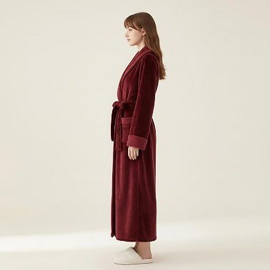 Women's Plush Long Robe with Textured Shawl Collar Tie Waist Belt Soft Warm Full Length Bathrobe