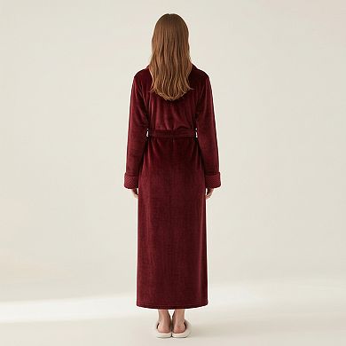 Women's Plush Long Robe with Textured Shawl Collar Tie Waist Belt Soft Warm Full Length Bathrobe
