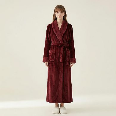 Women's Plush Long Robe with Textured Shawl Collar Tie Waist Belt Soft Warm Full Length Bathrobe