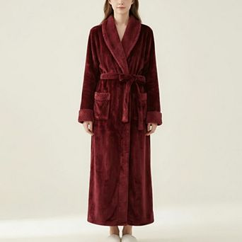 Women's Plush Long Robe with Textured Shawl Collar Tie Waist Belt Soft Warm Full Length Bathrobe