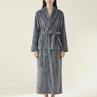 Women's Plush Long Robe with Textured Shawl Collar Tie Waist Belt Soft Warm Full Length Bathrobe