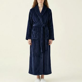Women's Plush Long Robe with Textured Shawl Collar Tie Waist Belt Soft Warm Full Length Bathrobe