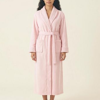 Women's Plush Long Robe with Textured Shawl Collar Tie Waist Belt Soft Warm Full Length Bathrobe
