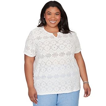 Plus Size Alfred Dunner Solid Eyelet Split Beaded Neck Top