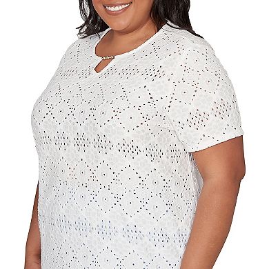 Plus Size Alfred Dunner Solid Eyelet Split Beaded Neck Top