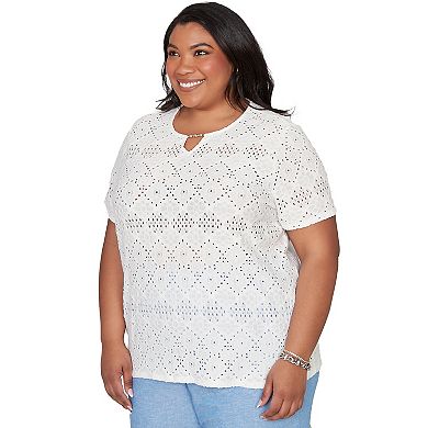 Plus Size Alfred Dunner Solid Eyelet Split Beaded Neck Top