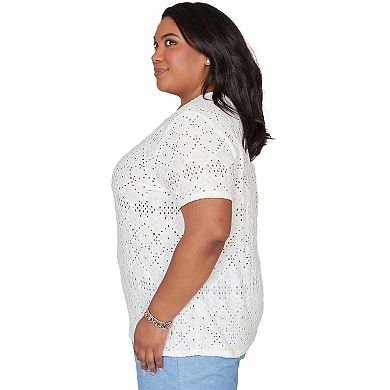Plus Size Alfred Dunner Solid Eyelet Split Beaded Neck Top