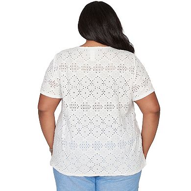 Plus Size Alfred Dunner Solid Eyelet Split Beaded Neck Top