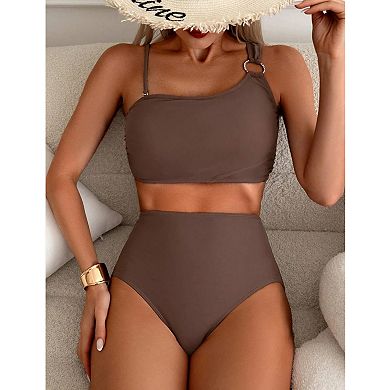 Women's One Shoulder High Waisted Bikini Set Ring Detail Two Piece Swimsuit