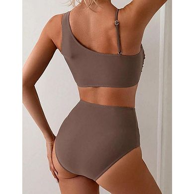 Women's One Shoulder High Waisted Bikini Set Ring Detail Two Piece Swimsuit