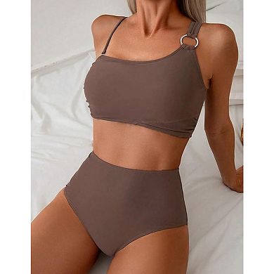 Women's One Shoulder High Waisted Bikini Set Ring Detail Two Piece Swimsuit