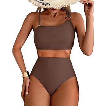 Women's One Shoulder High Waisted Bikini Set Ring Detail Two Piece Swimsuit