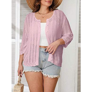 Women's Plus Size Lightweight Short Sleeve Button Cardigan Sweater