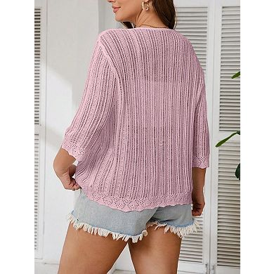 Women's Plus Size Lightweight Short Sleeve Button Cardigan Sweater