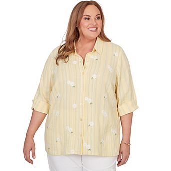 Plus Size Alfred Dunner Embroidered Daisy Stripes Button Front Top