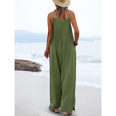 Women's Sleeveless Wide Leg Jumpsuit Casual Boho Romper with Pockets