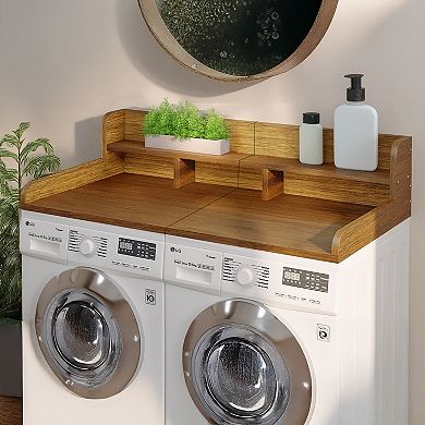 54" x 27.5" Washer Dryer Countertop with Edge, Double Layer Laundry Storage Shelf with Non-Slip Pads