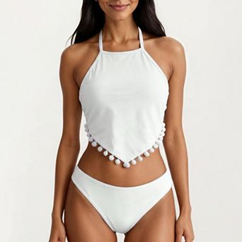 Women's 2 pc Halter Bikini Set with High Neck Handkerchief Top Pom Trim Detail Tie Back Bottom