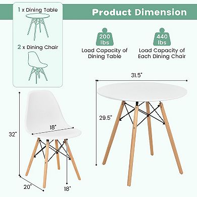 Gymax 3 Pieces Dining Table Set Modern Round Table & 2 Chairs w/ Wood Leg White