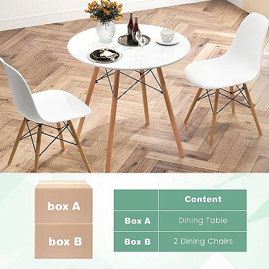 Gymax 3 Pieces Dining Table Set Modern Round Table & 2 Chairs w/ Wood Leg White