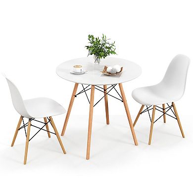 Gymax 3 Pieces Dining Table Set Modern Round Table & 2 Chairs w/ Wood Leg White