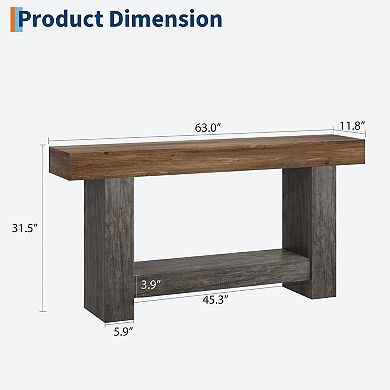 63" Entryway Table with Storage Rustic Wood Sofa Table Behind Couch Accent Table for Living Room