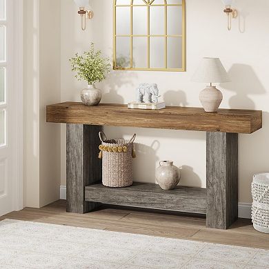 63" Entryway Table with Storage Rustic Wood Sofa Table Behind Couch Accent Table for Living Room