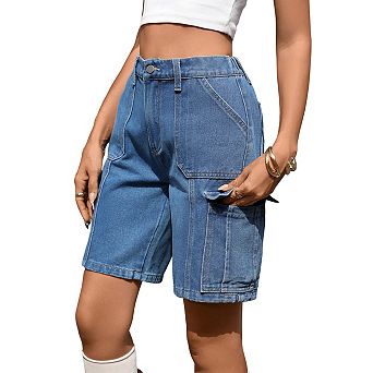 Women's Cargo Denim Shorts - High Waist Knee Length Jorts with 6 Pockets