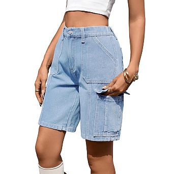Women's Cargo Denim Shorts - High Waist Knee Length Jorts with 6 Pockets