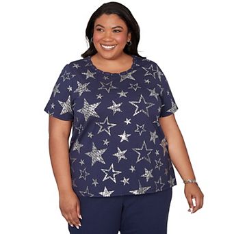 Plus Size Alfred Dunner Sparkling Foil Stars Graphic Tee
