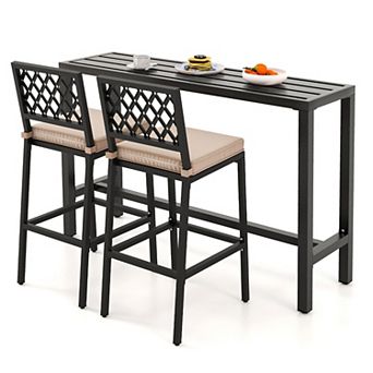Gymax 3 pc Outdoor Metal Bar Table & Chairs Set Patio Dining Table Set w/ Cushion
