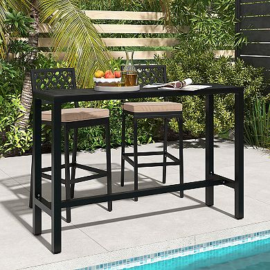 Gymax 3PCS Outdoor Metal Bar Table & Chairs Set Patio Dining Table Set w/ Cushion