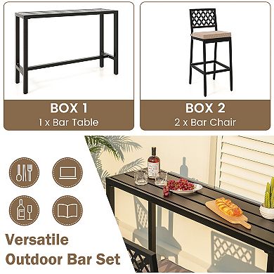 Gymax 3PCS Outdoor Metal Bar Table & Chairs Set Patio Dining Table Set w/ Cushion