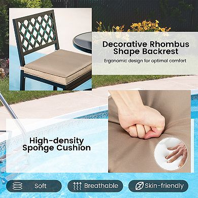 Gymax 3PCS Outdoor Metal Bar Table & Chairs Set Patio Dining Table Set w/ Cushion