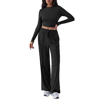 Women's 2 pc Y2K Sportswear Set, Long Sleeve Crop Top & Wide Leg Pants Casual Outfit
