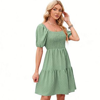 Women's Summer Square Neck Short Sleeve Pleats Mini Dress Puff Sleeve Dot Dresses
