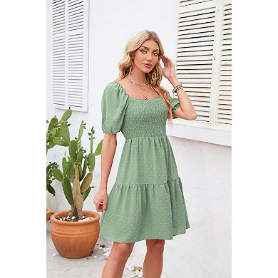 Women's Summer Square Neck Short Sleeve Pleats Mini Dress Puff Sleeve Dot Dresses