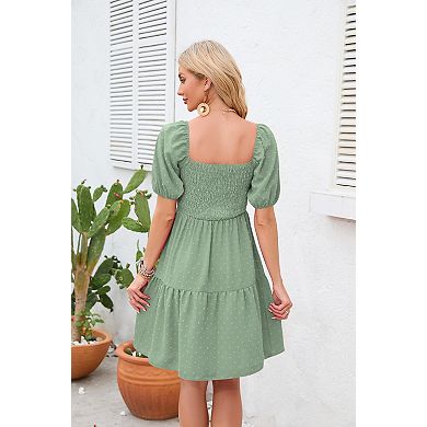 Women's Summer Square Neck Short Sleeve Pleats Mini Dress Puff Sleeve Dot Dresses
