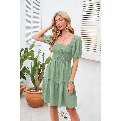 Women's Summer Square Neck Short Sleeve Pleats Mini Dress Puff Sleeve Dot Dresses
